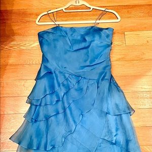 Teal blue organza strapless cocktail dress